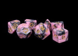 16mm Acrylic Poly Dice Set - Pink Black with Gold Numbers