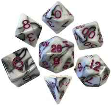 16mm Acrylic Poly Dice Set - Marble with Purple Numbers