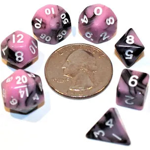 Mini 10mm Polyhedral Dice Set - Pink/Black with White Numbers